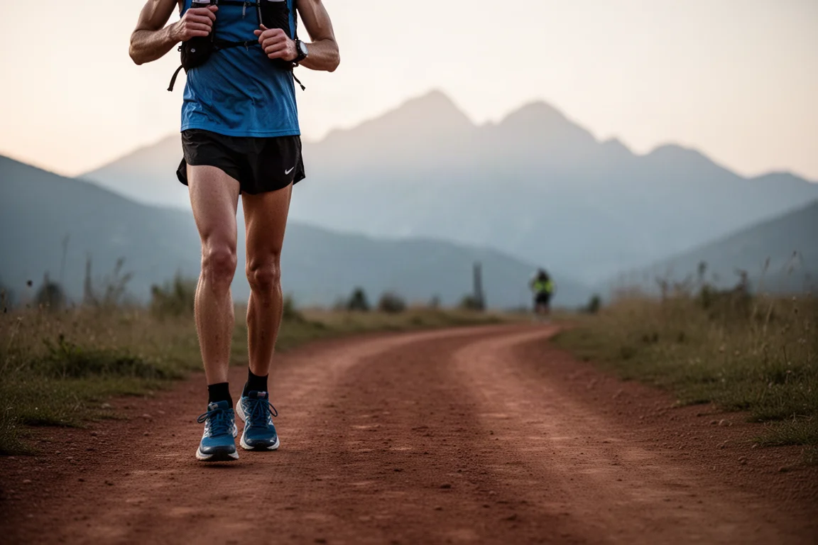 Trail runner lining up at a race start on smooth dirt trail at dawn