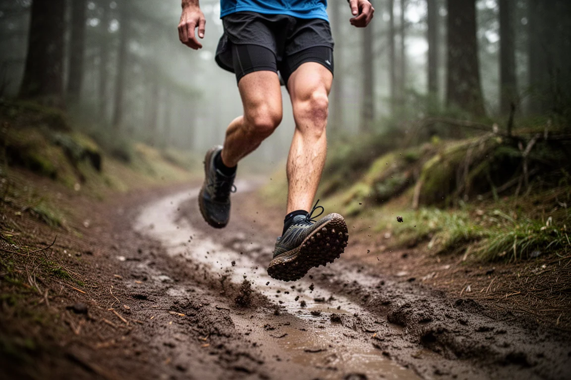 Corredor de trail descendo trilha lamacenta de solo mole com cravos mais fundos cravando no chão