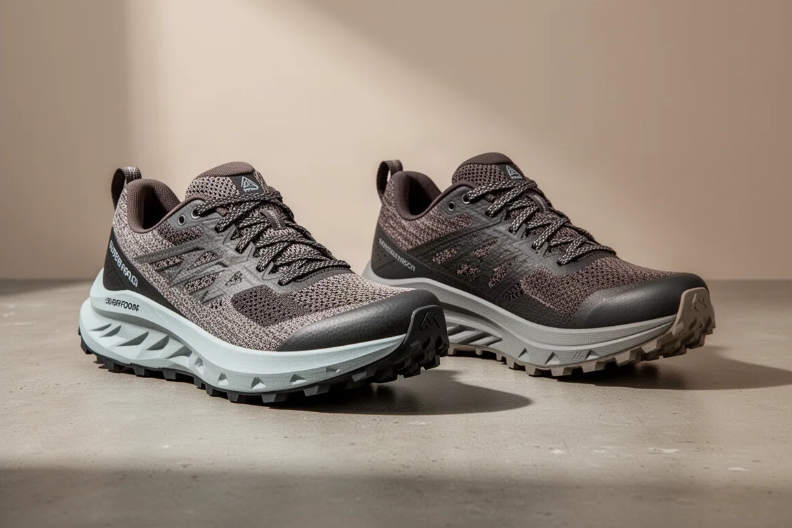 Two trail running shoes side by side on a concrete surface