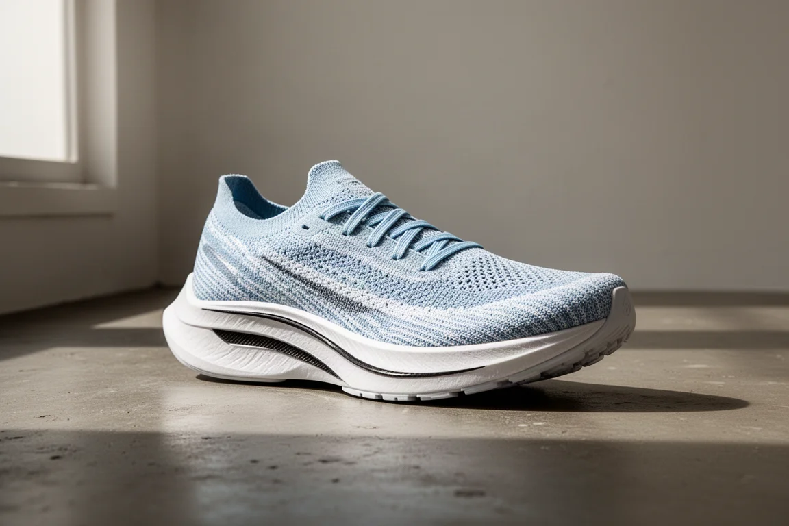 Worn icy blue racing shoe with thick foam midsole on concrete
