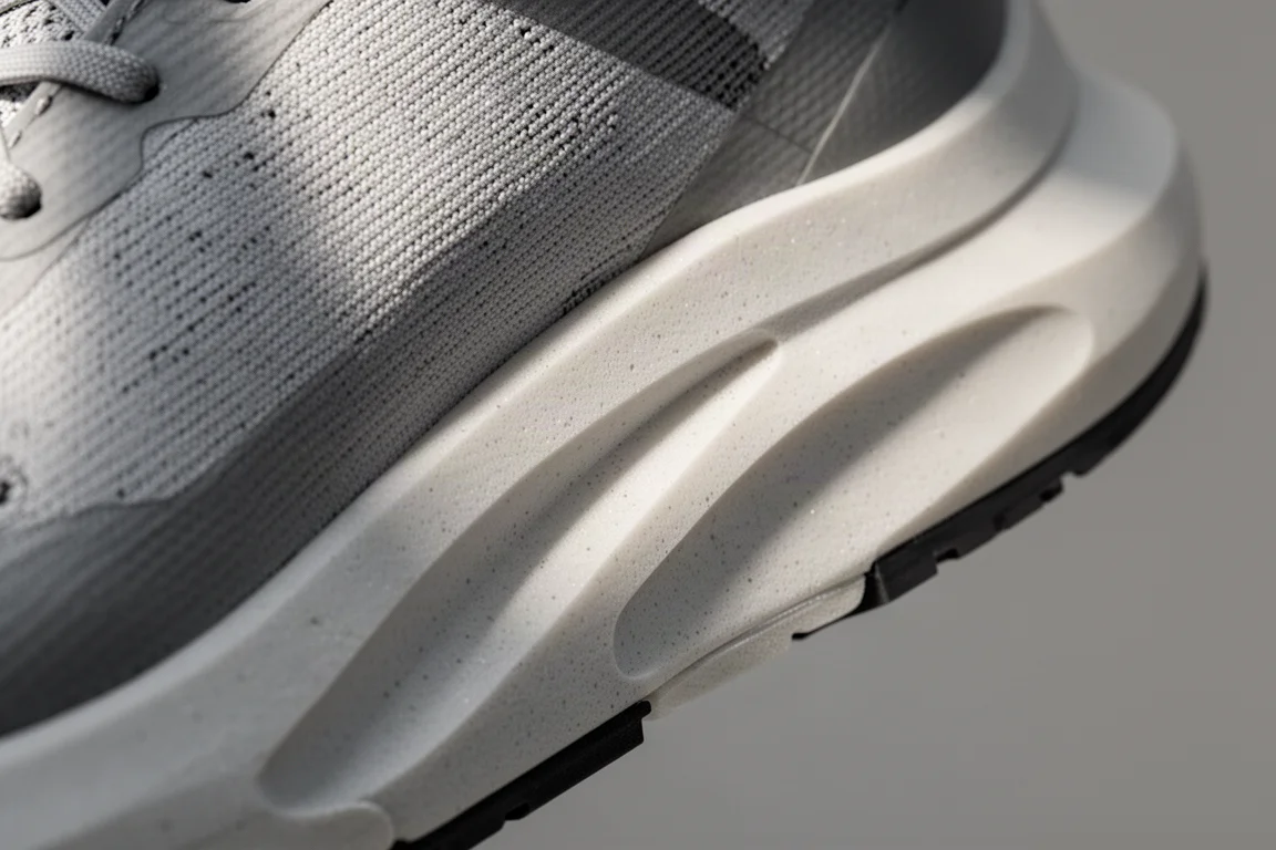 Primo piano dell'intersuola di una scarpa da gara con schiuma e piastra