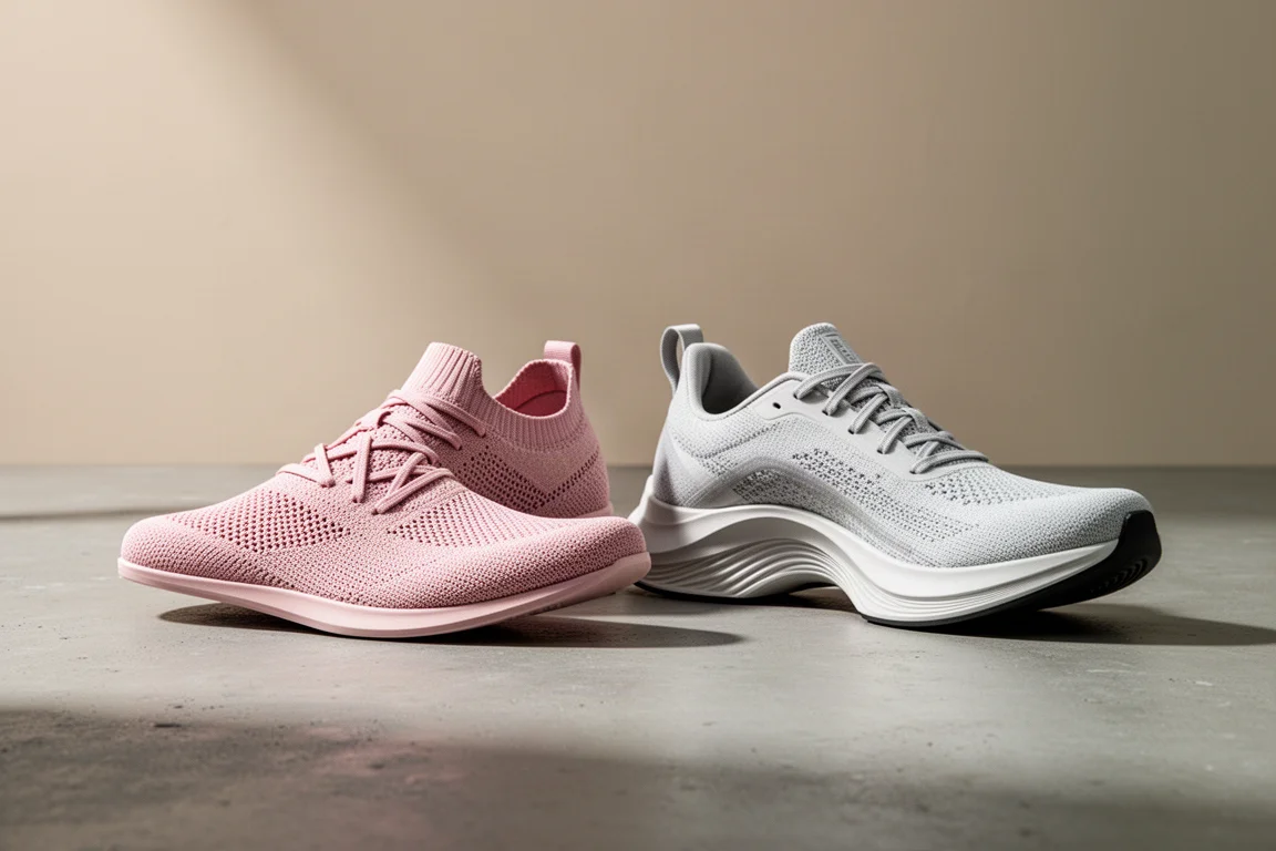 Two racing shoes side by side on a concrete surface