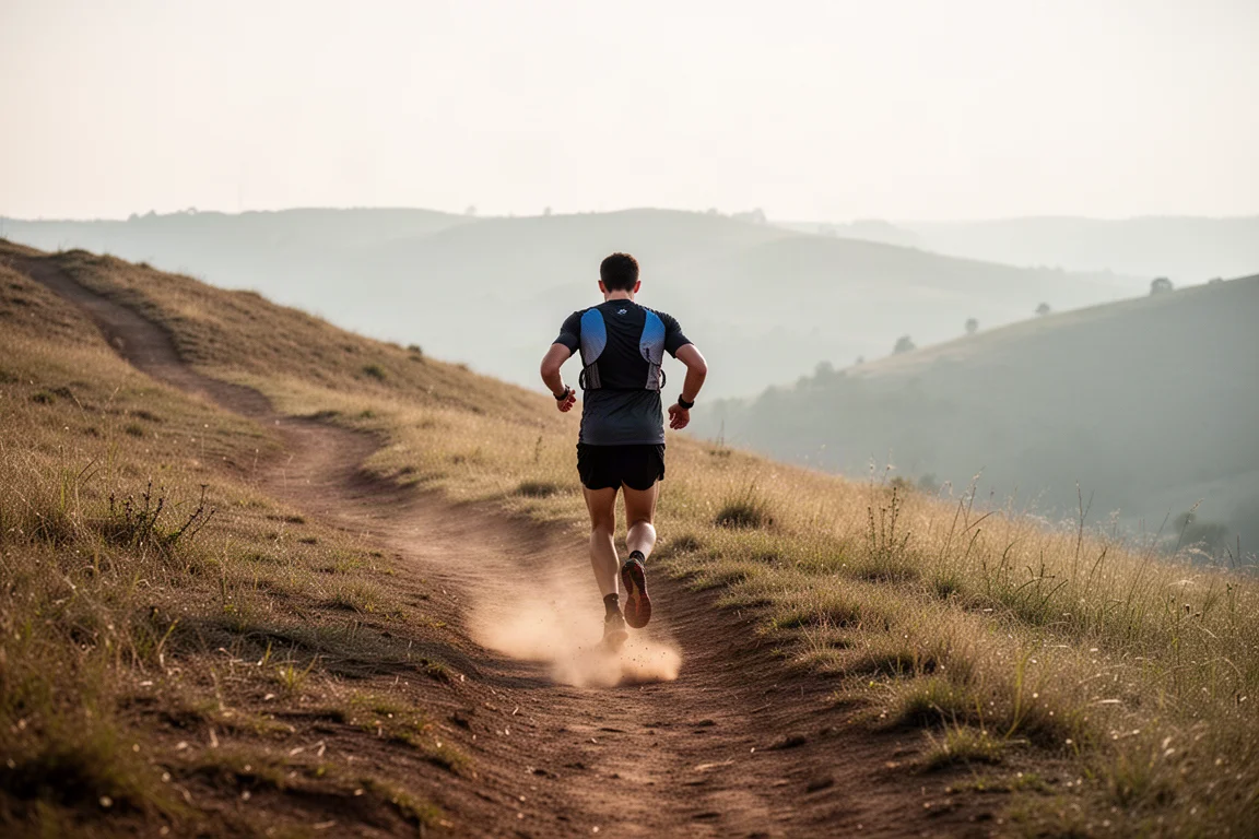 Trailrunner beklimt een droog zandpad op een heuvel in het vroege ochtendlicht