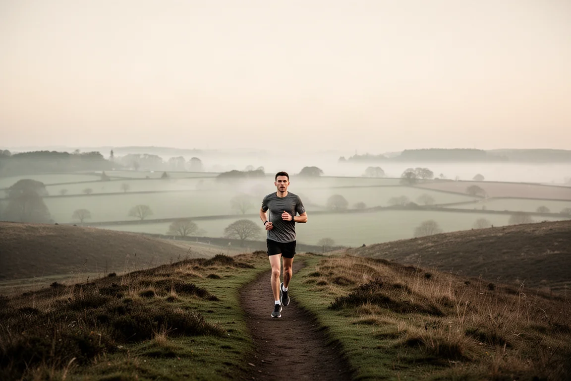 Hardloper pauzeert op een heuveltop met uitzicht over het open platteland