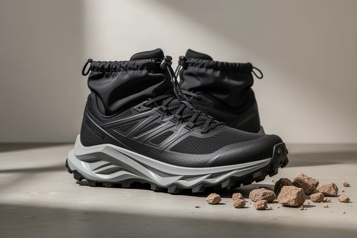 High-stack trail running shoe with gaiter and thick foam midsole on concrete