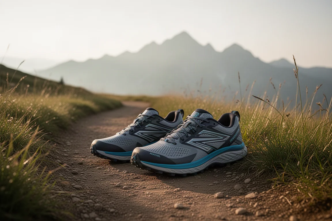 Trailrunningschoen met dikke ZoomX-tussenzool op een betonnen ondergrond