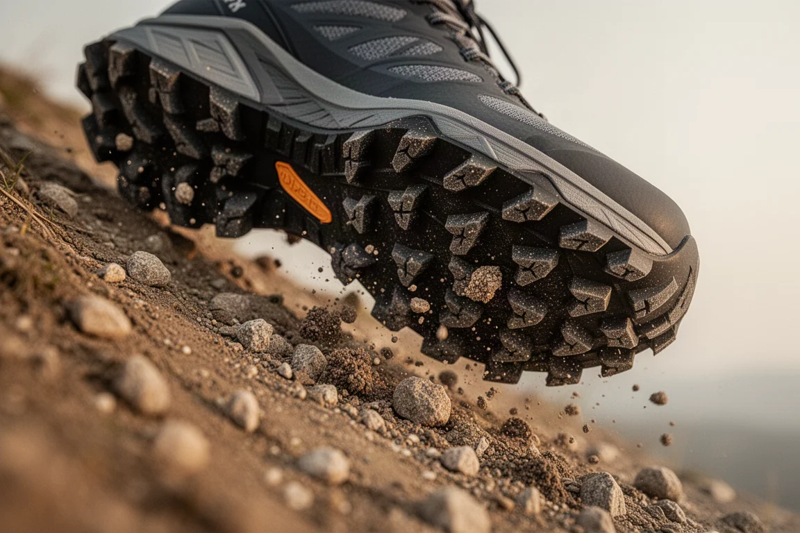 Multi-directionele noppen op de buitenzool van een trailrunningschoen in close-up