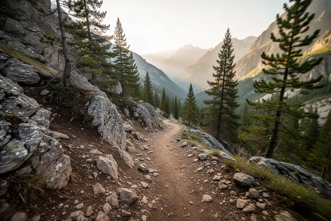 Rotsachtig trailgedeelte met scherpe stenen in zacht ochtendlicht