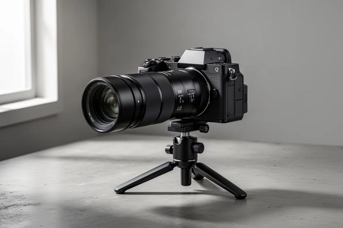 Fotocamera mirrorless Nikon Z6 III con teleobiettivo montato su un treppiede