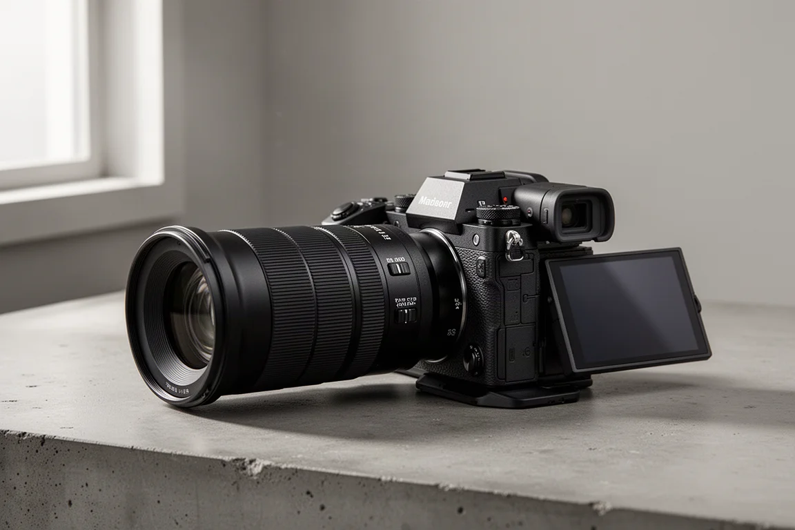 Bezlusterkowiec Nikon Z6 III z obiektywem teleobiektywowym zmiennoogniskowym na betonowej powierzchni