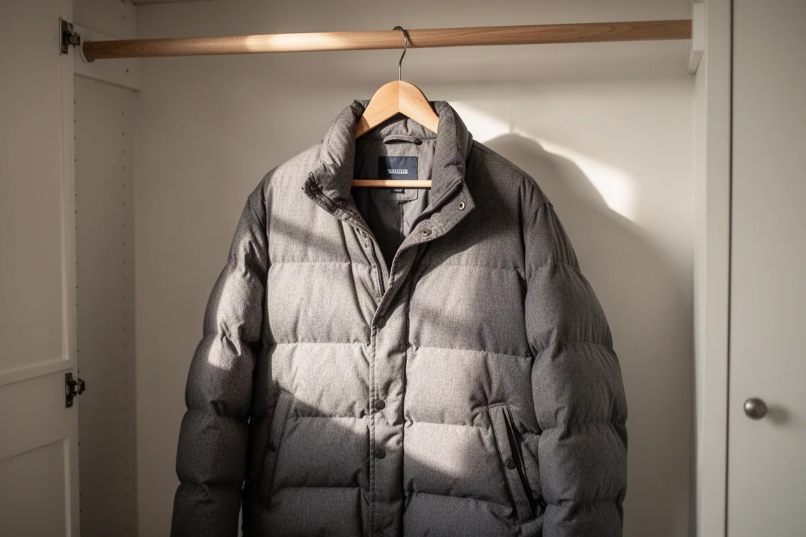 Older charcoal down jacket hanging on a wooden hanger in a bright closet