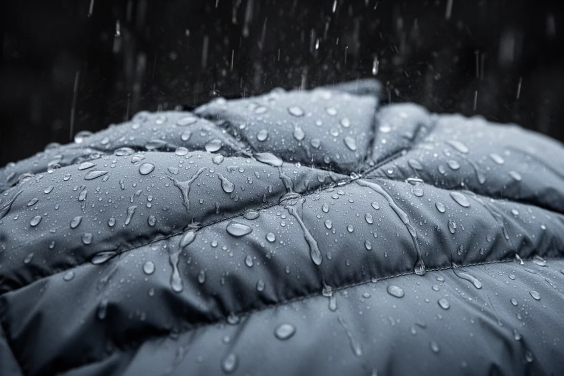 Water droplets beading and running off the shell of a quilted down jacket in cold rain