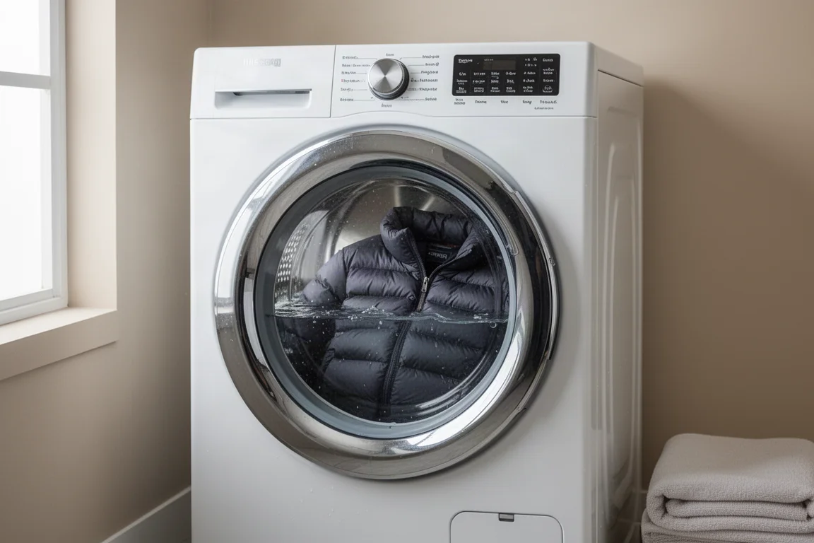 Puffy down jacket tumbling inside a front-loading washing machine drum with water