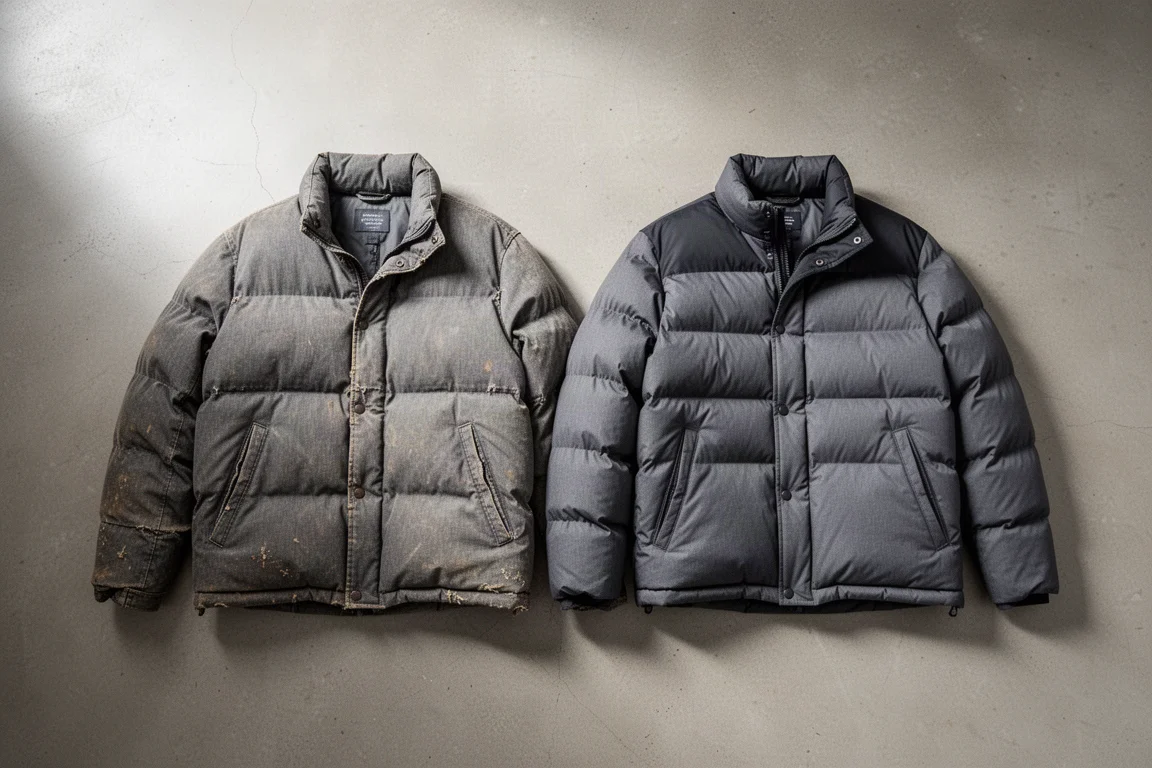 Old worn down jacket laid flat beside a newer puffy jacket on a concrete floor
