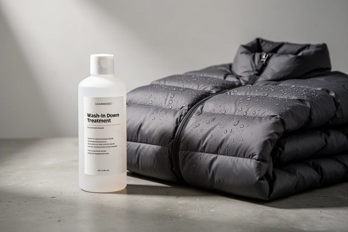 Bottle of wash-in down treatment beside a folded charcoal down jacket on concrete