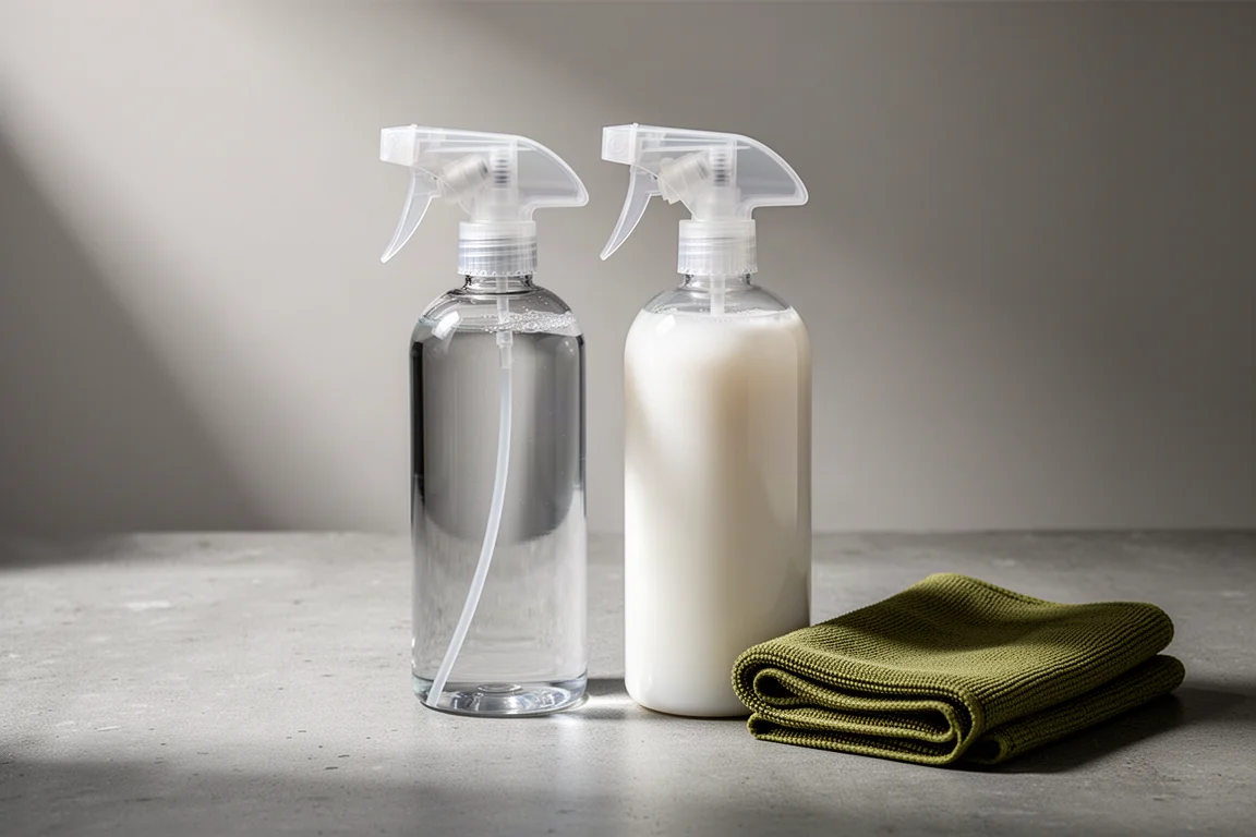 Two unlabelled spray bottles of tent cleaner and proofer beside a folded cloth on concrete