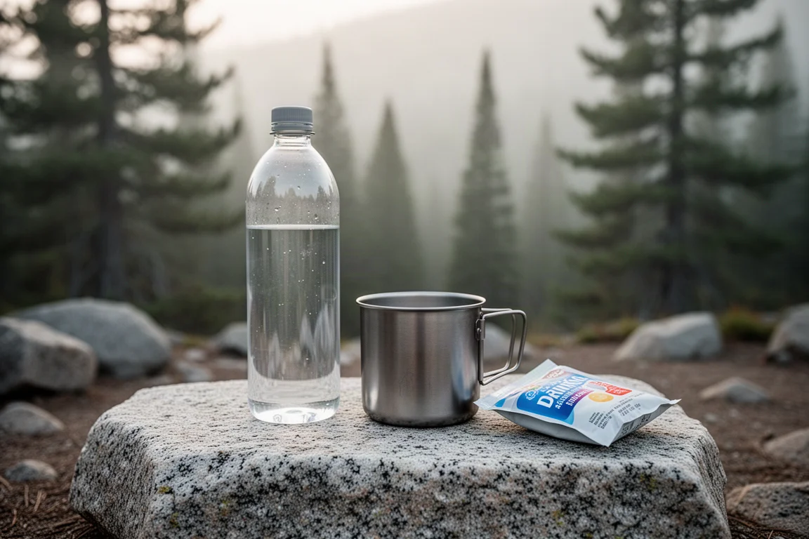Wasserflasche und Titan-Topf auf einer Granitplatte an einem Wildnis-Campingplatz