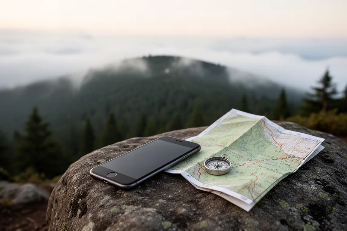 Handy, gefaltete Karte und Kompass auf einem Findling mit bewaldetem Grat dahinter