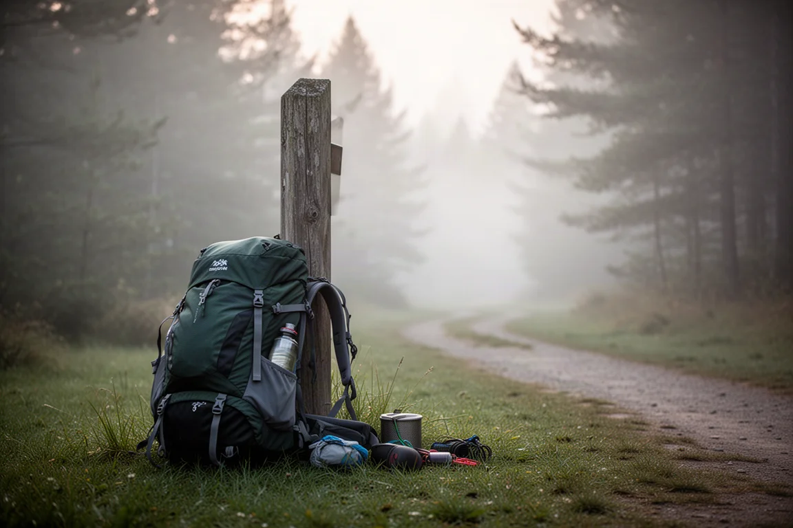 Wanderrucksack an einem Trailhead-Pfosten mit kleiner Ausrüstung auf dem Gras