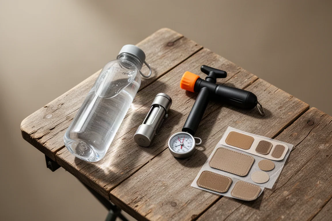 Flat-lay of small backpacking accessories on a weathered wooden camp table