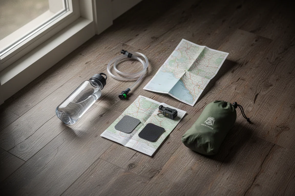 Backpacking accessories laid out on a wooden floor before packing