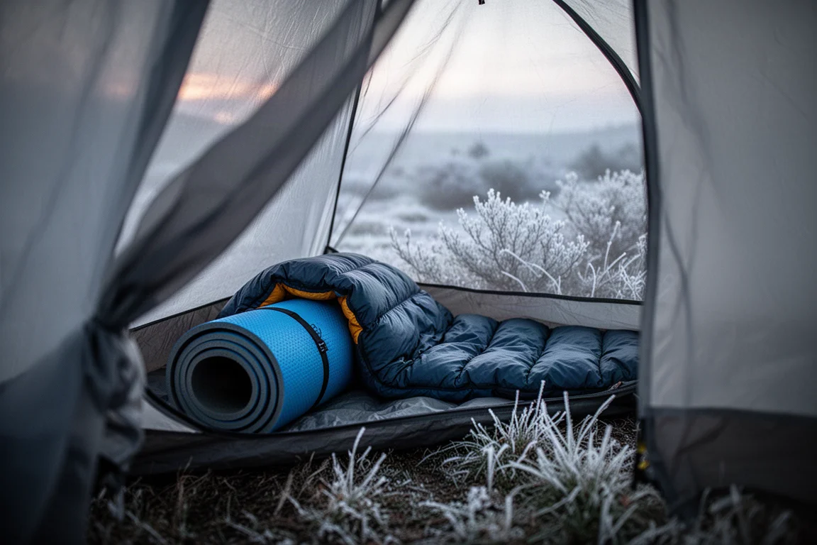 Tent vestibule at dawn with frost on the grass outside
