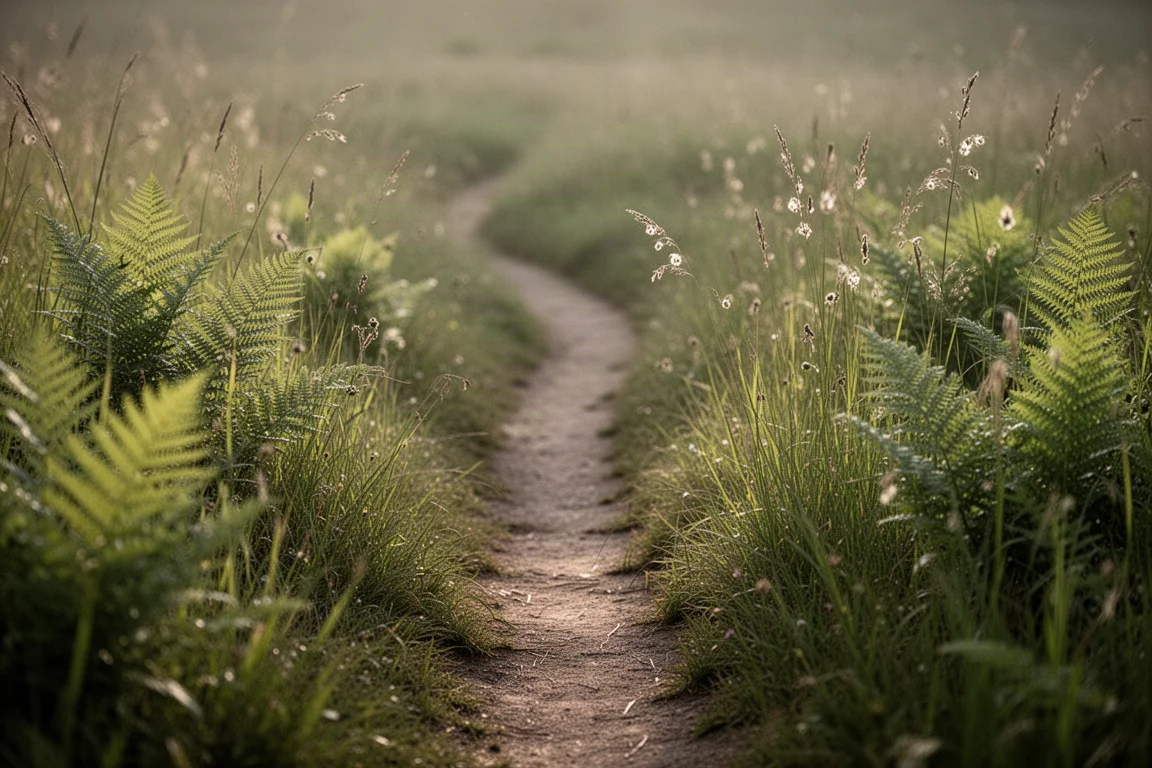 Narrow dirt trail cutting through tall summer grass and ferns