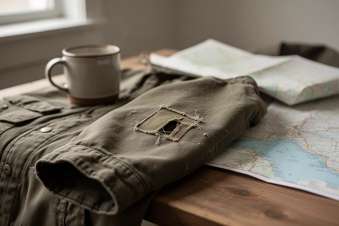 Fabric repair patch bonded over a tear on a worn jacket sleeve