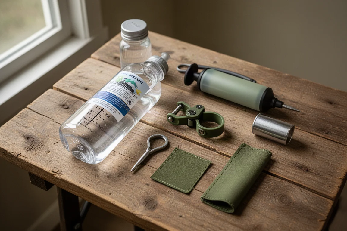 Small backpacking accessories flat-laid on a wooden camp table