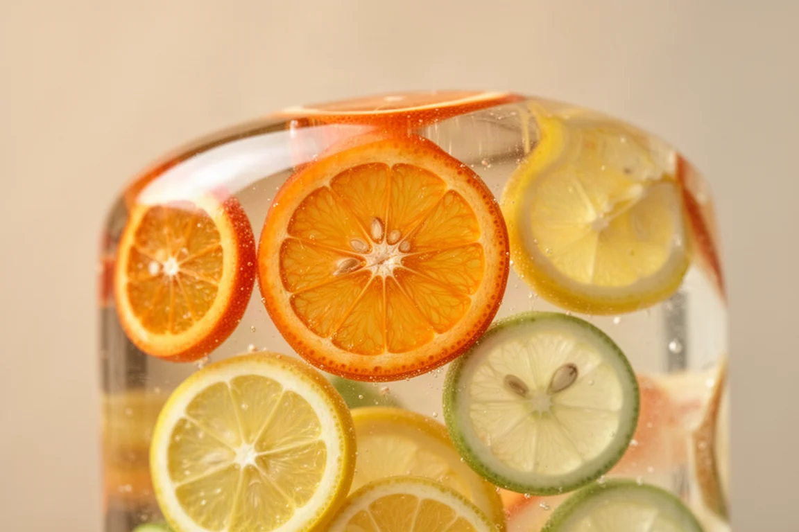 Dettaglio della resina traslucida della penna con miniature di fettine di frutta incastonate