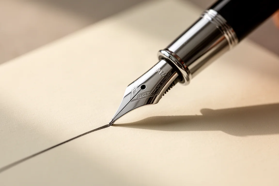 Composizione con penna stilografica, atomizzatore e piccola pietra antistress su una scrivania