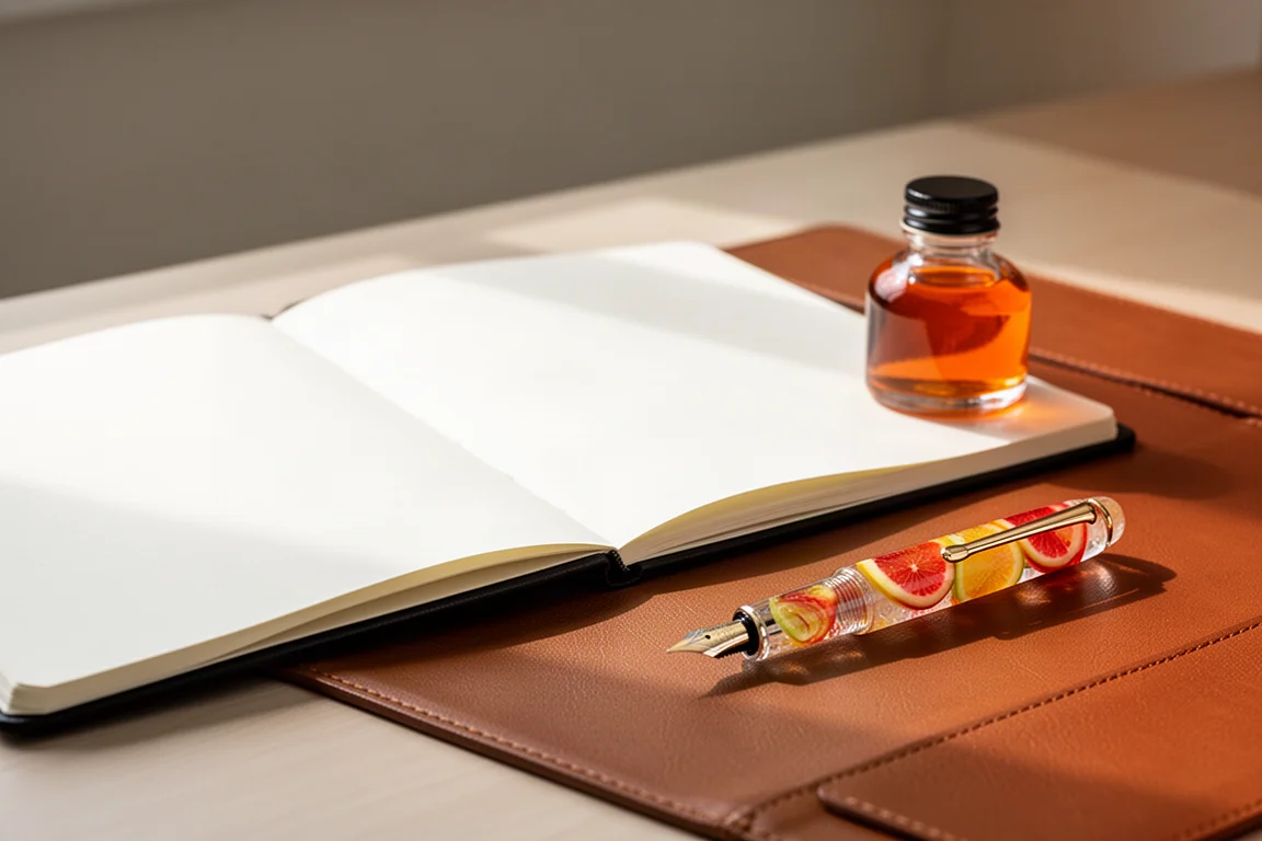 Scena da scrivania con penna stilografica, calamaio e taccuino aperto
