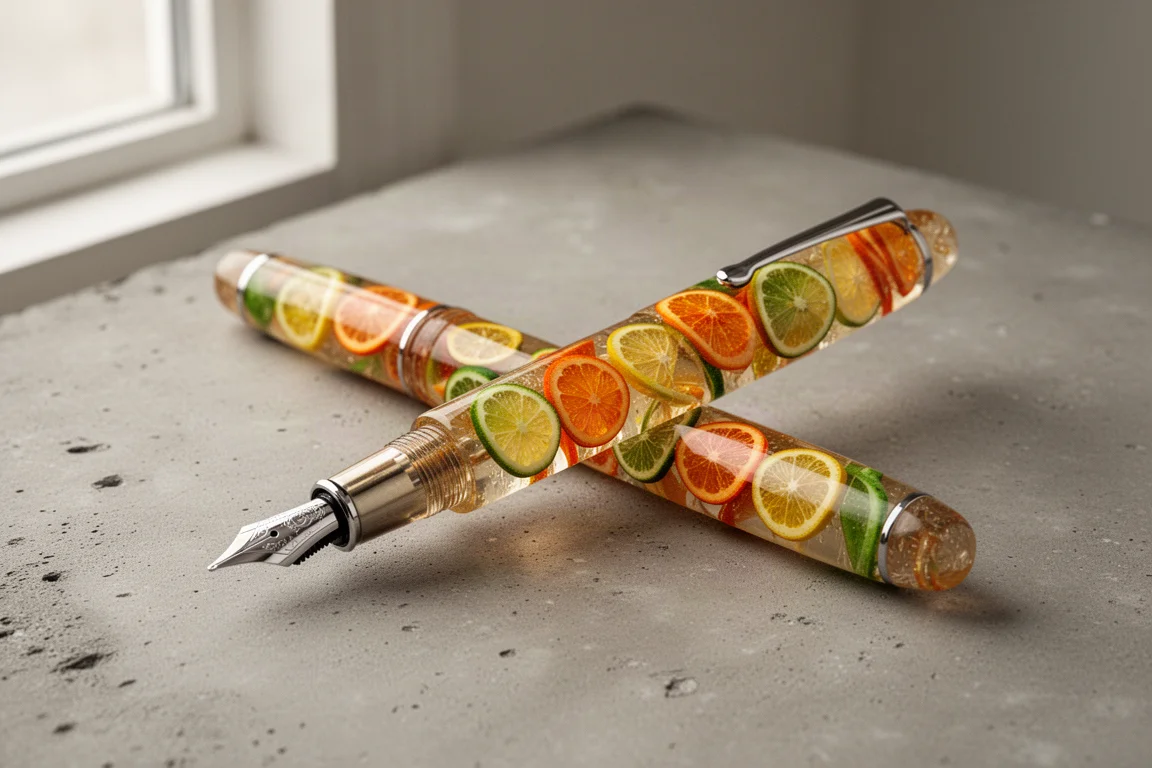 Penna stilografica artigianale in resina traslucida con fettine di frutta incastonate