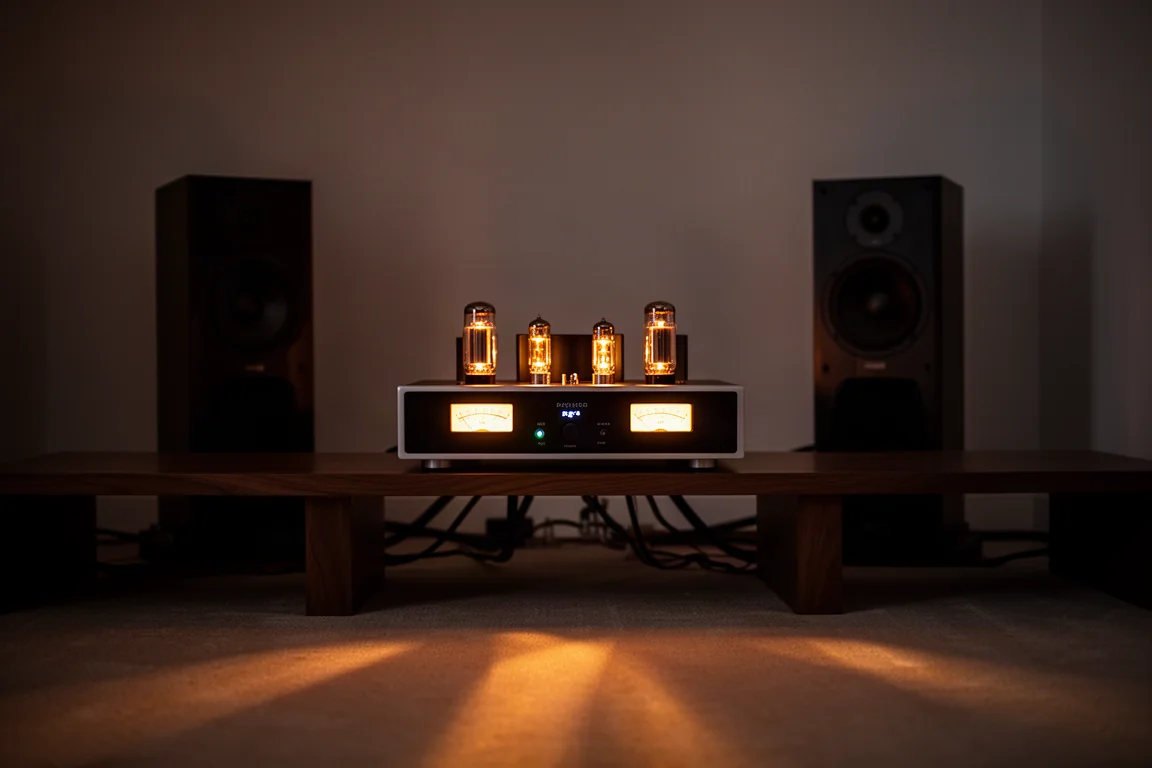 Pièce d'écoute plongée dans la pénombre, avec un amplificateur à tubes, des vumètres lumineux et des enceintes en silhouette