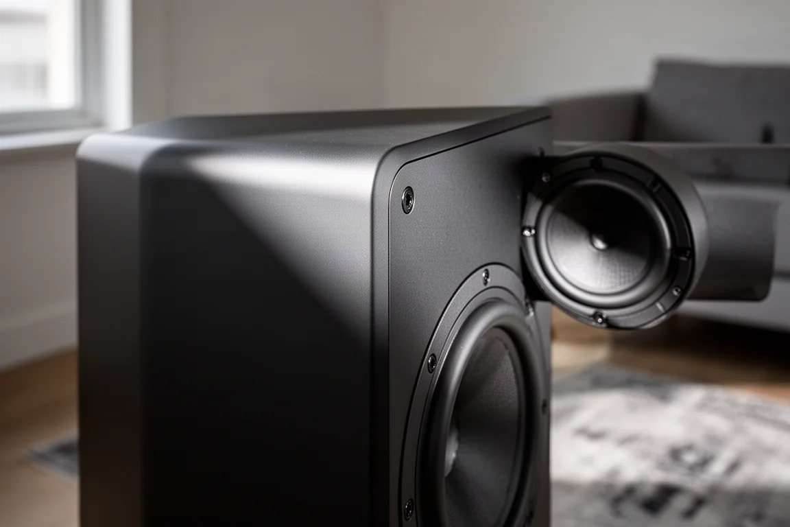 Gros plan sur le bord d'une enceinte noire mate et son haut-parleur dans une douce lumière de fenêtre