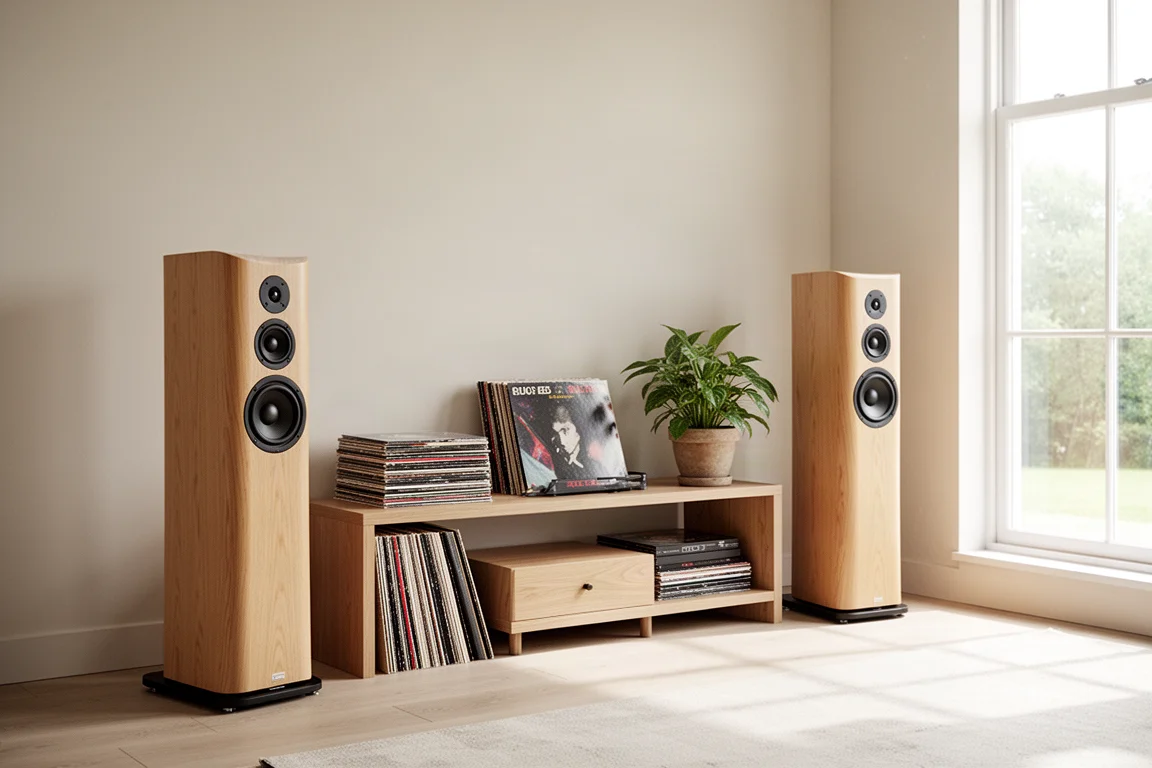 Coin de salon avec des enceintes colonnes fines, des vinyles et une plante à la lumière du jour