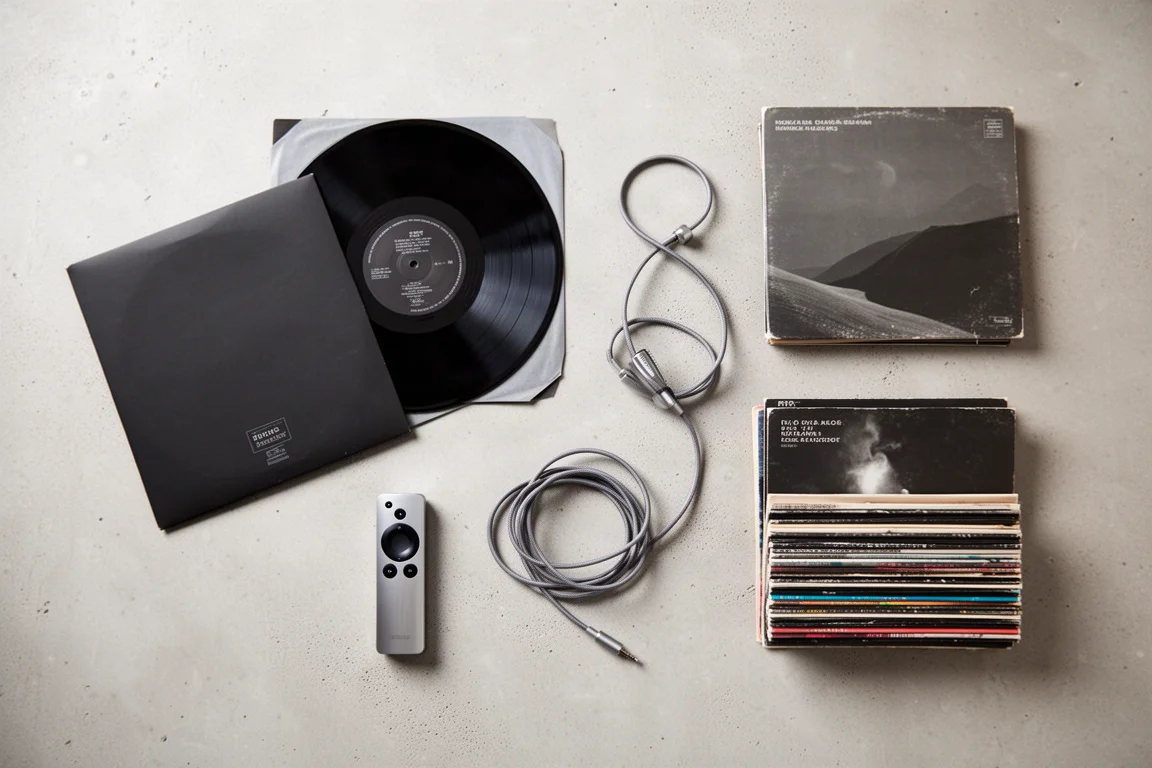 Vue de dessus à plat d'un vinyle, d'une télécommande, de câbles d'enceinte et de disques sur du béton