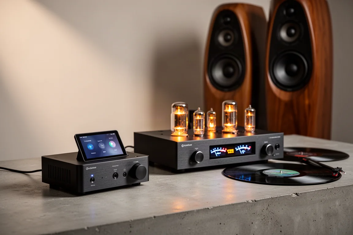 Hi-fi components on a concrete surface with a streamer, tube amplifier and floorstanding speakers