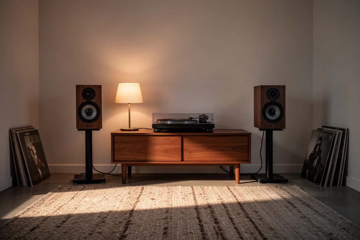 Sala de escucha tranquila al atardecer con altavoces de estantería, tocadiscos y luz cálida de lámpara