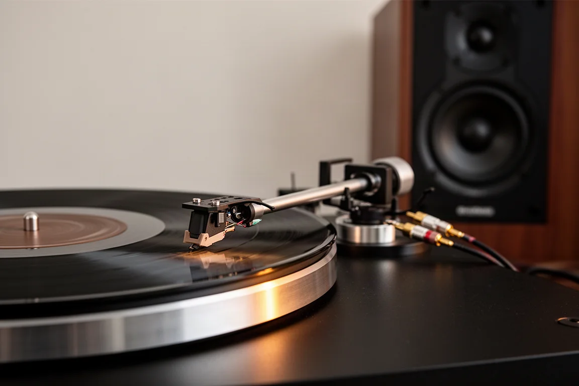Primer plano del brazo del tocadiscos y cables que van hacia un altavoz autoamplificado