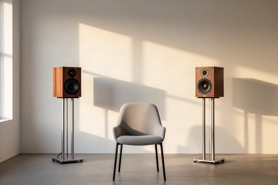 Dos altavoces compactos de estantería sobre soportes en una sala luminosa y minimalista