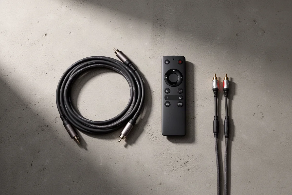 Vista cenital de cables de altavoz, mando a distancia e interconexión sobre hormigón