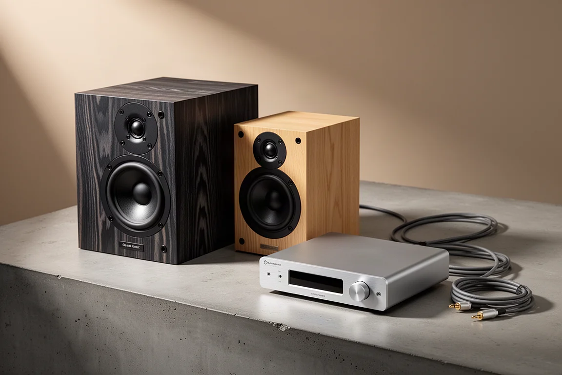 Powered speaker, standmount speaker, and desktop DAC arranged on a concrete surface