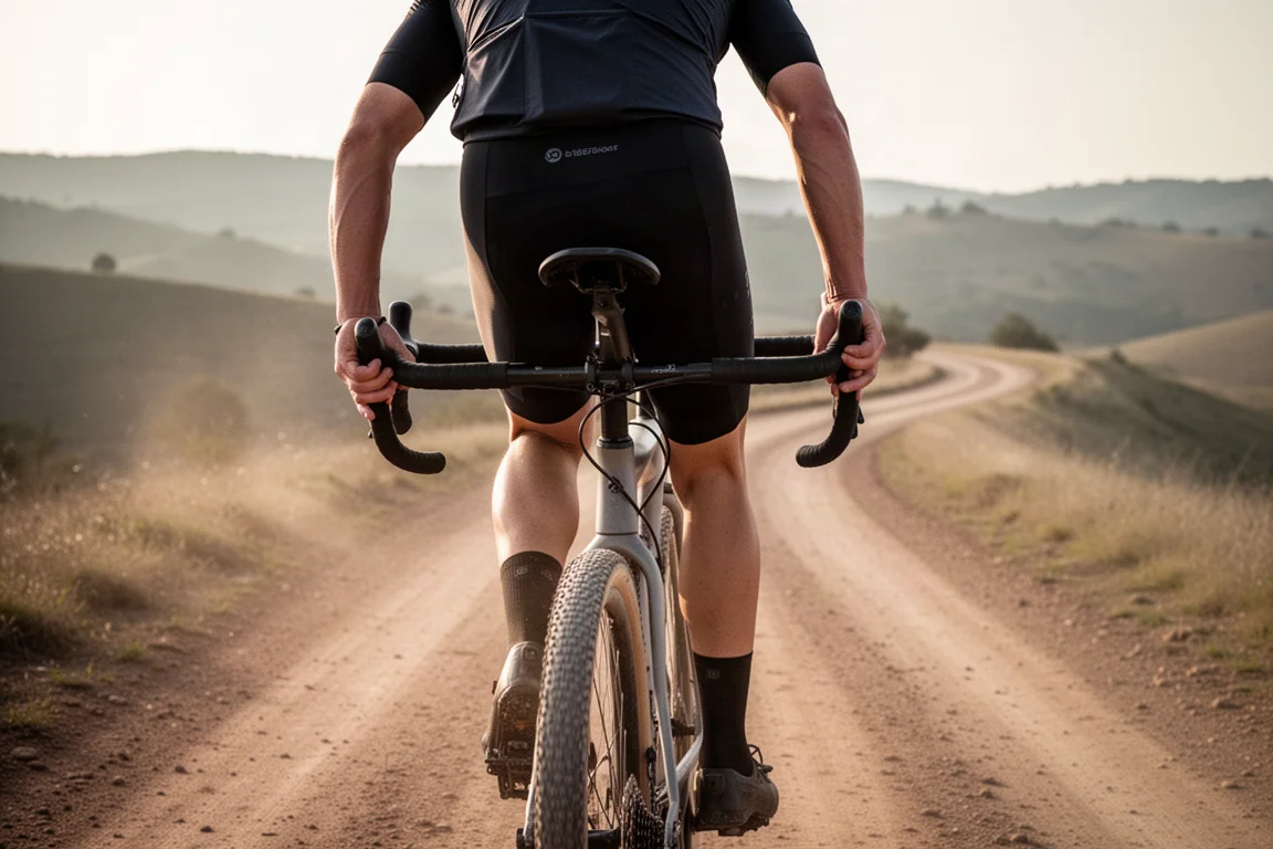 Ciclista rodando con una bicicleta de gravel con manillar de doble altura por un camino de tierra
