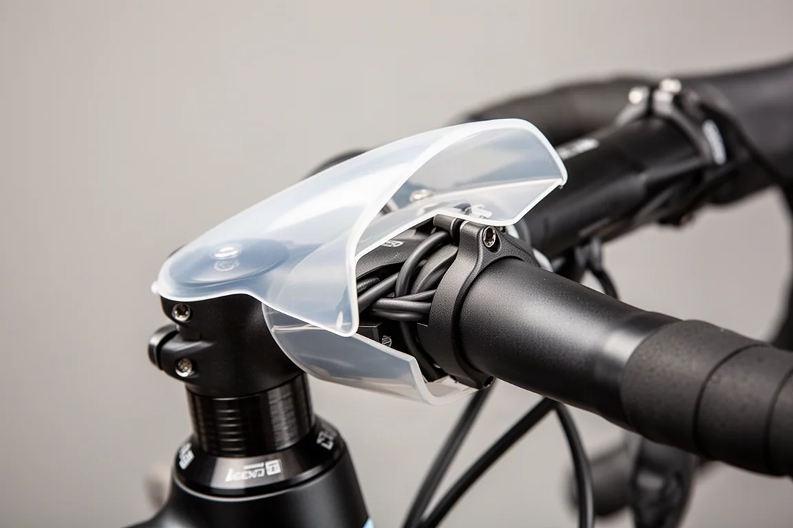 Primer plano de la unión de la potencia de una bicicleta de carretera con un carenado de plástico que cubre los latiguillos de freno