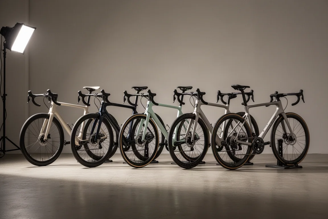 Row of road bikes in a minimalist bike-fitting studio with soft lighting