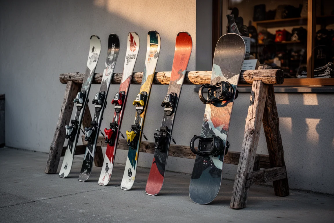 Row of older alpine skis and a snowboard leaning against a wooden rack outside a mountain shop