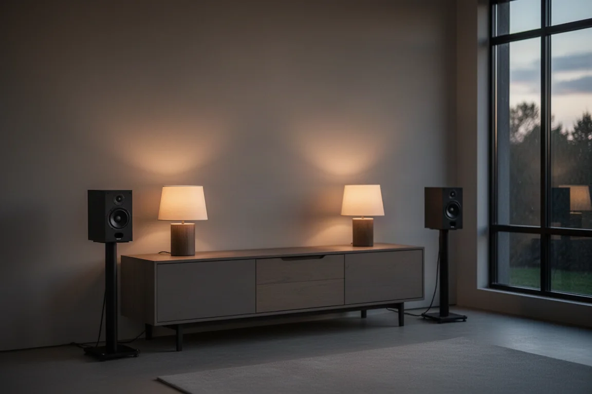 Sala de estar minimalista ao anoitecer com duas caixas acústicas compactas em suportes ao lado de um aparador