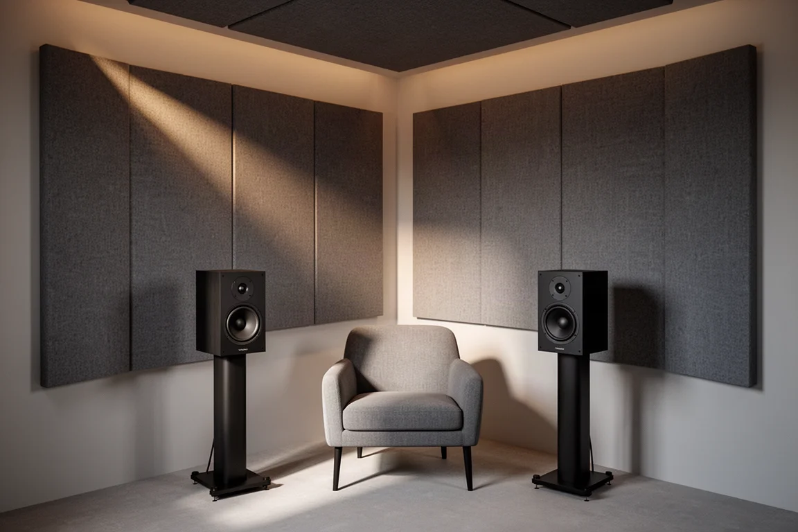 Canto de sala de audição tratada com painéis acústicos e um par de caixas acústicas em suportes