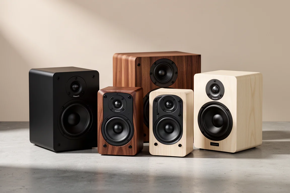 Group of compact bookshelf speakers in different finishes arranged on a concrete surface